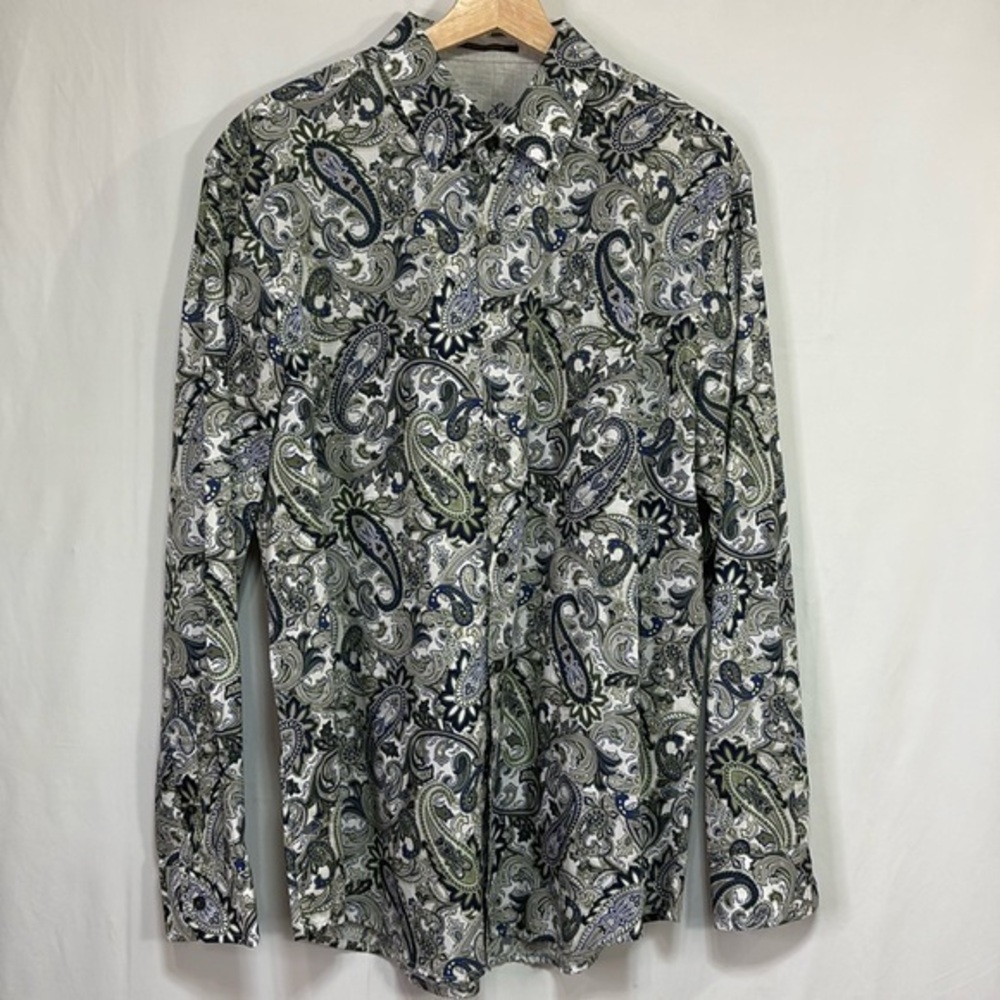 👂🏽 Tasso Elba green blue and white paisley Supima cotton dress shirt